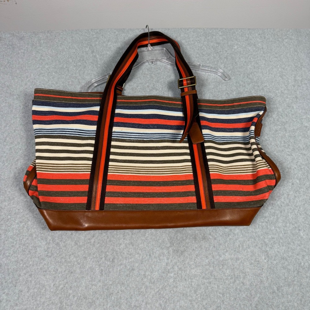 Coach Heritage Stripe Bleeker Tote Bag Brown Leather Trim Travel Quiet Luxury